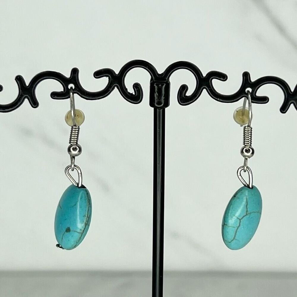 Silver Tone Faux Turquoise Beaded Dangle Drop Earrings Pierced Pair